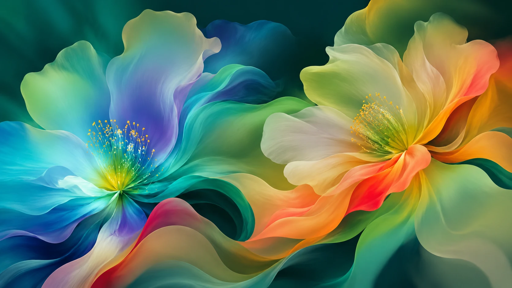 Abstract flowing floral artwork in aqua, blue, green and warm orange