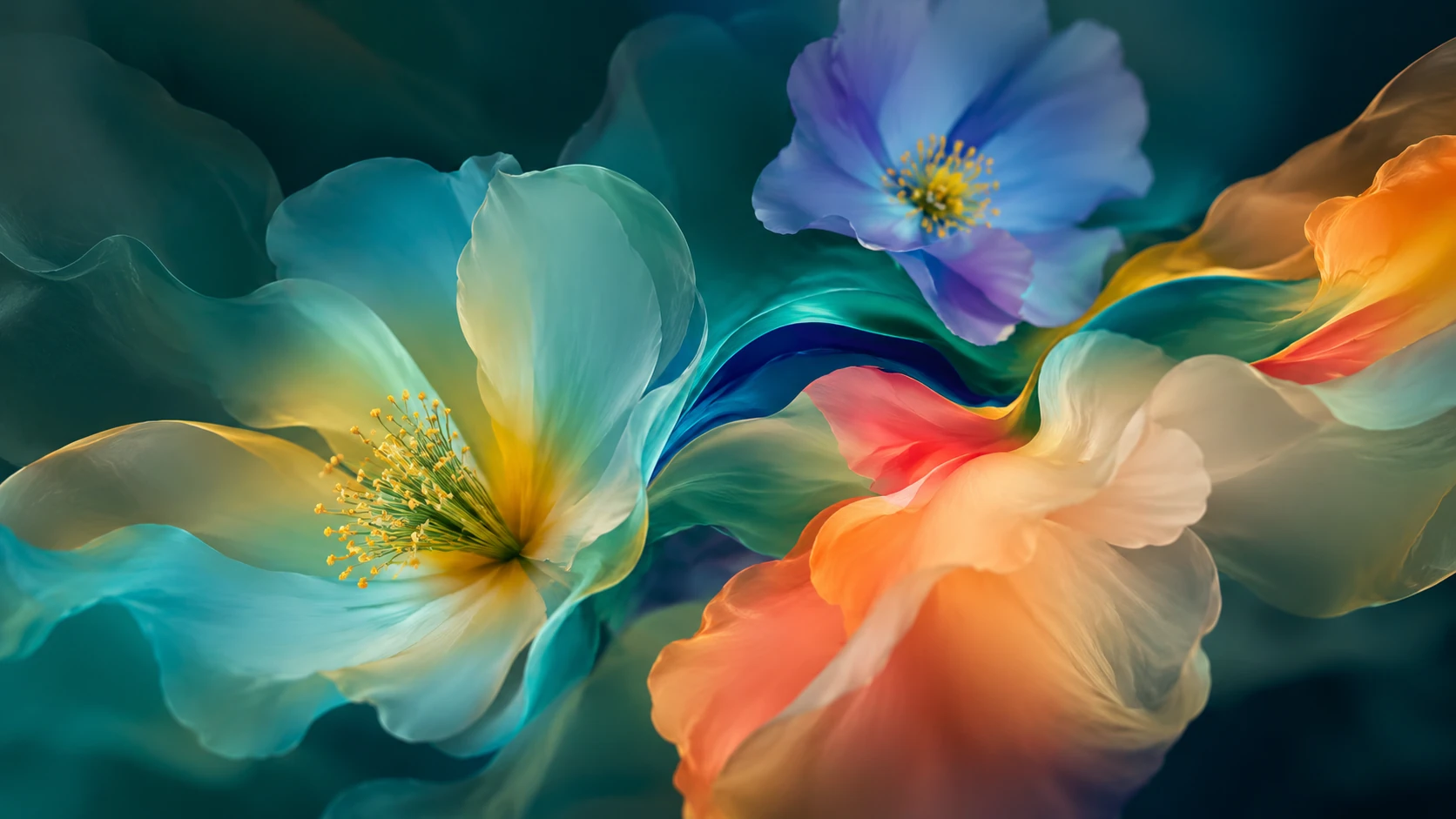 Soft-focus abstract floral artwork in teal, cream, blue and coral