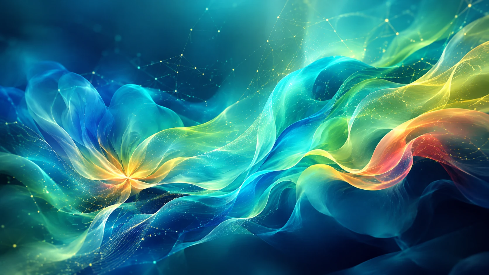 Abstract flowing digital floral artwork in teal, aqua, blue and warm gold